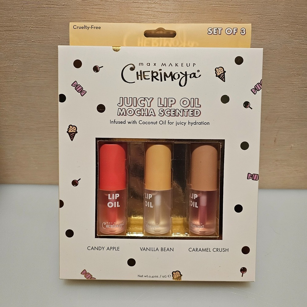 Max Makeup Cherimoya Set Of 3 Lip Oil Juicy Lip Oil Mocha Scented